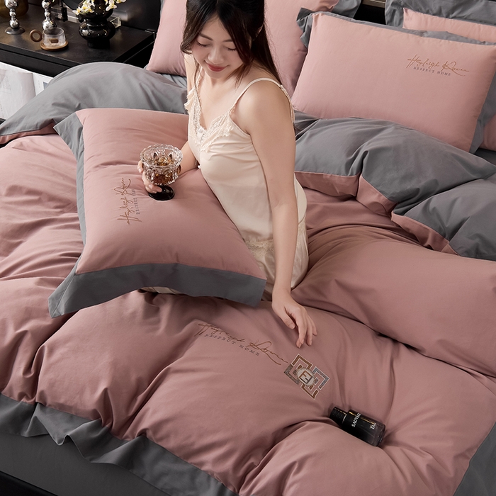 91家纺网 家纺一手货源 找家纺 瑞驰家纺 2024新款长绒棉磨毛四件套-斯特尔 斯特尔-玫瑰粉+深灰