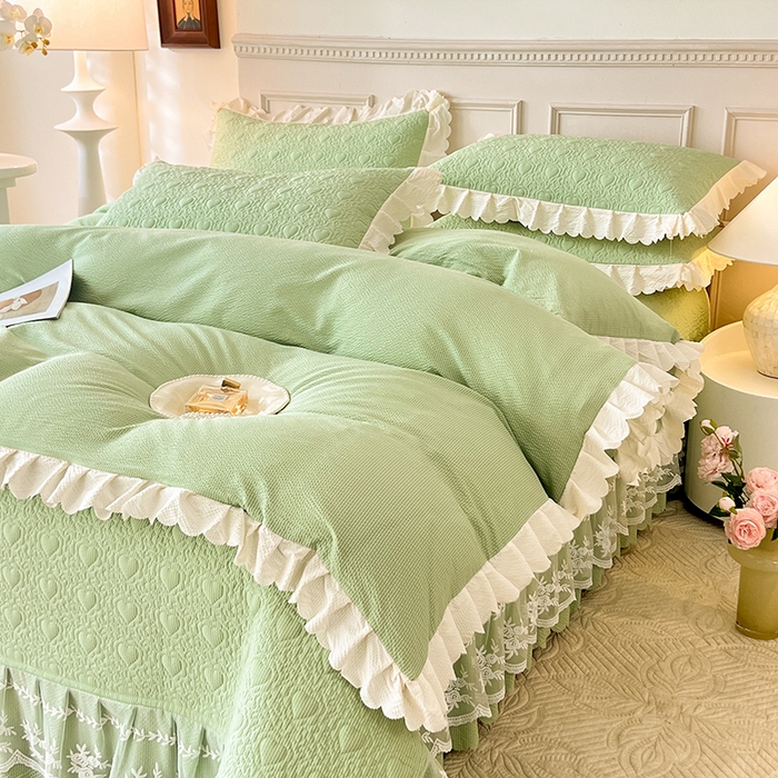 91家纺网 家纺一手货源 找家纺 绒世界 2024新款秋冬泡泡双层纱夹棉床盖四件套 清新绿