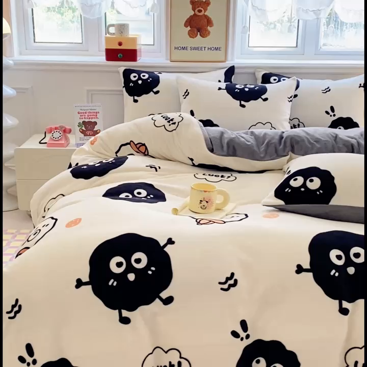 91家纺网 家纺一手货源 找家纺 斯卡诺2025新款直播轻奢爆款小清新牛奶宝宝绒四件套 黑豆精灵