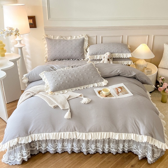 91家纺网 家纺一手货源 找家纺 绒世界 2024新款秋冬泡泡双层纱夹棉床盖四件套 摩登灰