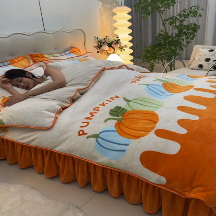 91家纺网 家纺一手货源 找家纺 梦莱情纺2024新款8.5斤牛奶绒四件套日产12000套 南瓜