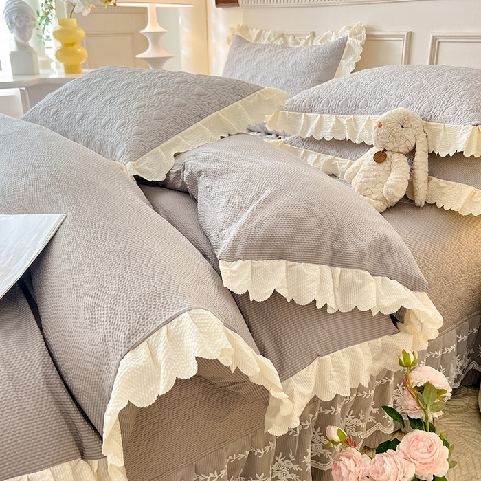 91家纺网 家纺一手货源 找家纺 绒世界 2024新款秋冬泡泡双层纱夹棉床盖四件套 摩登灰