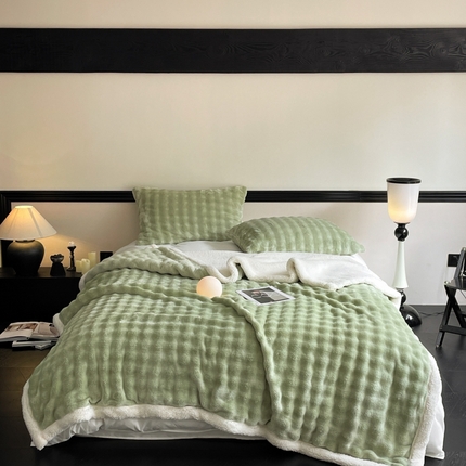 91家纺网 家纺一手货源 找家纺 欧邦 新款仿兔毛泡泡绒羊羔绒毛毯 泡泡双层-柳绿