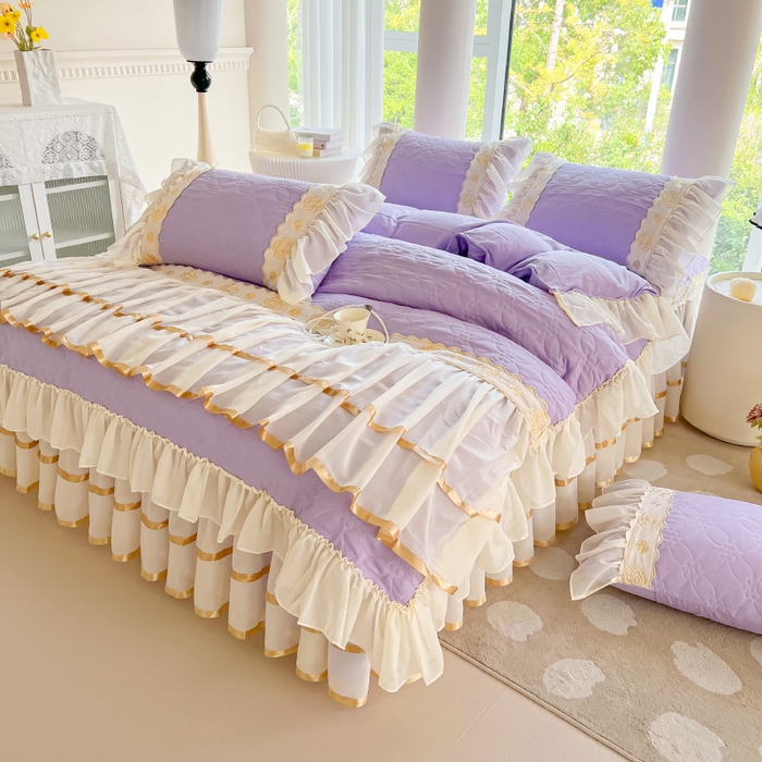 91家纺网 家纺一手货源 找家纺 罗艺轩 2024新款公主风水洗棉夹棉床裙款四件套-花蔓花蔓-茉莉紫