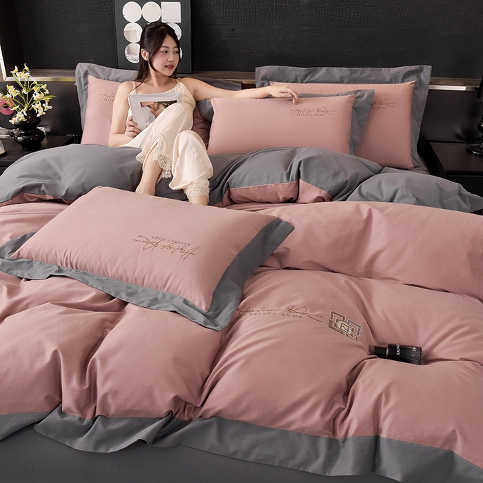 91家纺网 家纺一手货源 找家纺 瑞驰家纺 2024新款长绒棉磨毛四件套-斯特尔 斯特尔-玫瑰粉+深灰