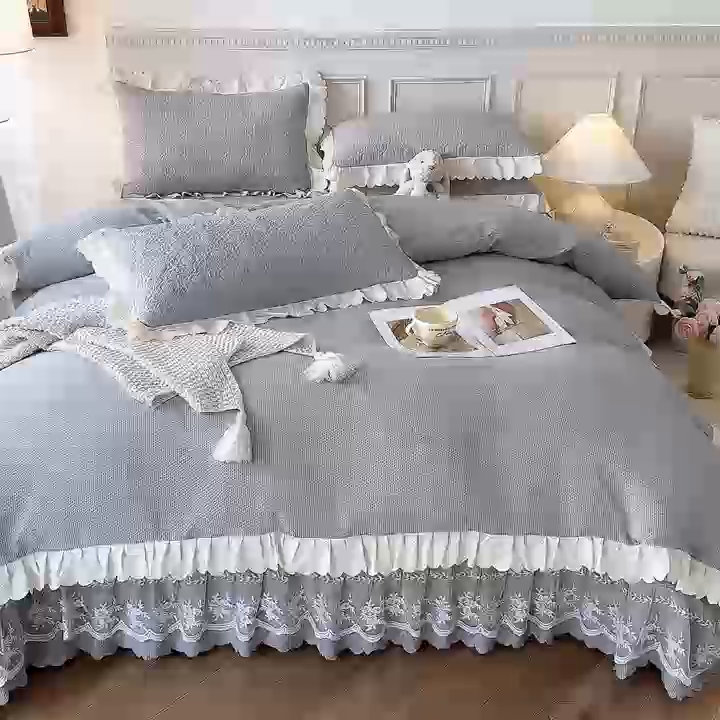 91家纺网 家纺一手货源 找家纺 绒世界 2024新款秋冬泡泡双层纱夹棉床盖四件套 摩登灰
