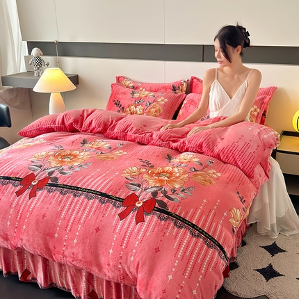 董韵家纺 2025新款高克重全消光牛奶绒法莱绒金貂绒印花单品被套床裙四件套（提供买家秀）雍容华贵