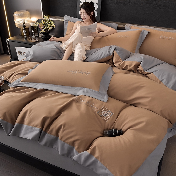 91家纺网 家纺一手货源 找家纺 瑞驰家纺 2024新款长绒棉磨毛四件套-斯特尔 斯特尔-琥珀棕+冰山灰