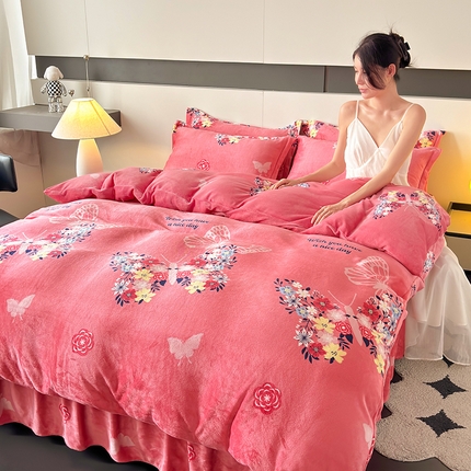 董韵家纺 2025新款高克重全消光牛奶绒法莱绒金貂绒印花单品被套床裙四件套（提供买家秀）碟梦