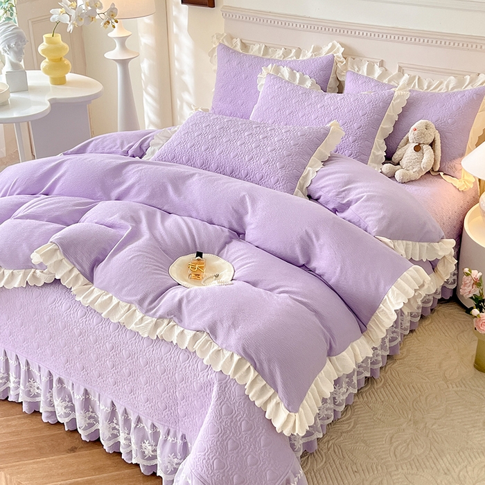 91家纺网 家纺一手货源 找家纺 绒世界 2024新款秋冬泡泡双层纱夹棉床盖四件套 丁香紫