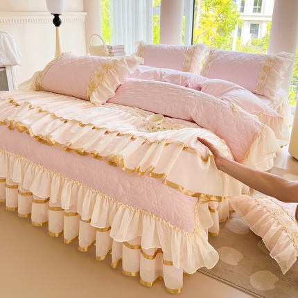 罗艺轩 2024新款公主风水洗棉夹棉床裙款四件套-花蔓花蔓-少女粉