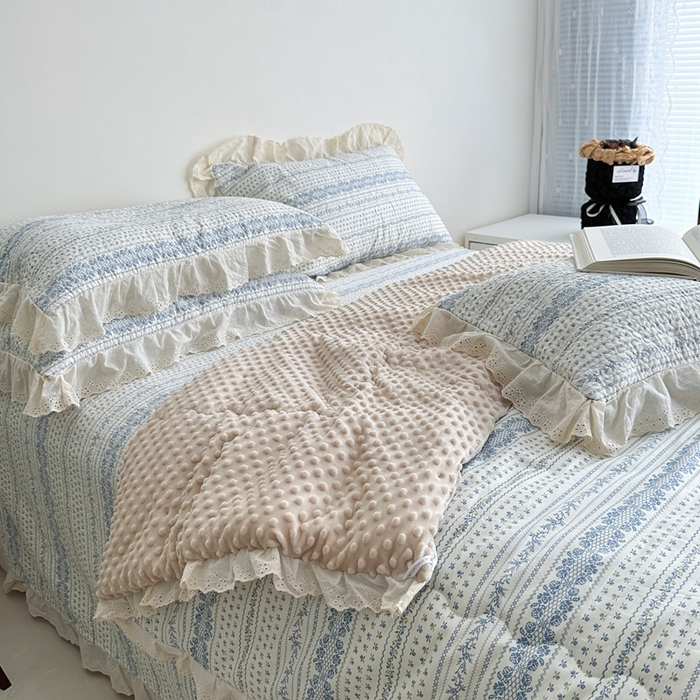 91家纺网 家纺一手货源 找家纺 佰织鑫家居 2024新款全棉法式床盖款四件套蓝颜