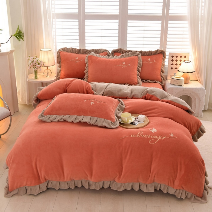 91家纺网 家纺一手货源 找家纺 氧家 2024新款韩版牛奶绒绣花四件套--蝶恋 羽蝶-橙橘色