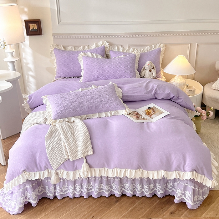 91家纺网 家纺一手货源 找家纺 绒世界 2024新款秋冬泡泡双层纱夹棉床盖四件套 丁香紫