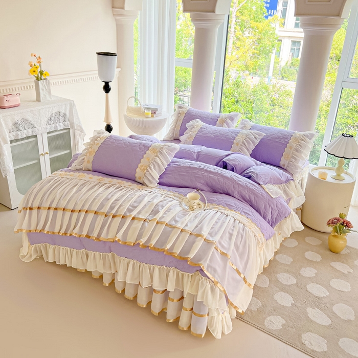 91家纺网 家纺一手货源 找家纺 罗艺轩 2024新款公主风水洗棉夹棉床裙款四件套-花蔓花蔓-茉莉紫