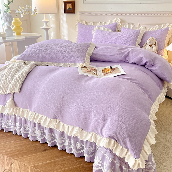 91家纺网 家纺一手货源 找家纺 绒世界 2024新款秋冬泡泡双层纱夹棉床盖四件套 丁香紫