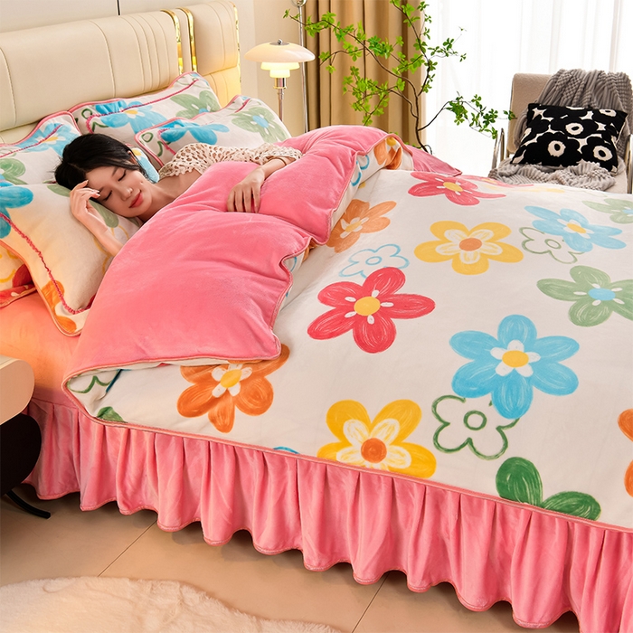 91家纺网 家纺一手货源 找家纺 沐妍家纺 2025新款8斤加厚保暖金貂绒牛奶绒印花四件套 田园生活