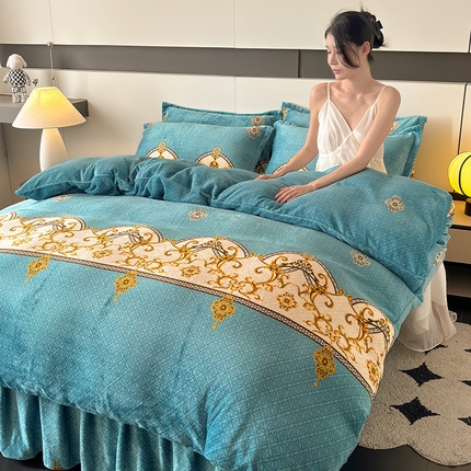 董韵家纺 2025新款高克重全消光牛奶绒法莱绒金貂绒印花单品被套床裙四件套（提供买家秀）欧风墨雨