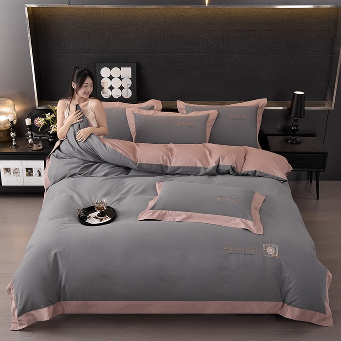 91家纺网 家纺一手货源 找家纺 瑞驰家纺 2024新款长绒棉磨毛四件套-斯特尔 斯特尔-深灰+豆沙