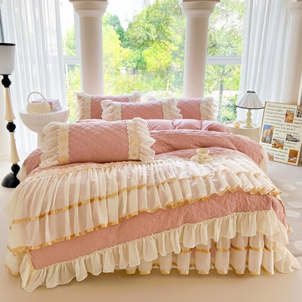 91家纺网 家纺一手货源 找家纺 （总）罗艺轩 2024新款公主风水洗棉夹棉床裙款四件套-花蔓