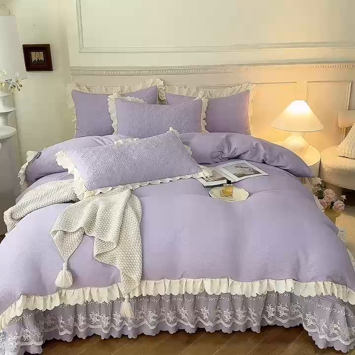 91家纺网 家纺一手货源 找家纺 绒世界 2024新款秋冬泡泡双层纱夹棉床盖四件套 丁香紫