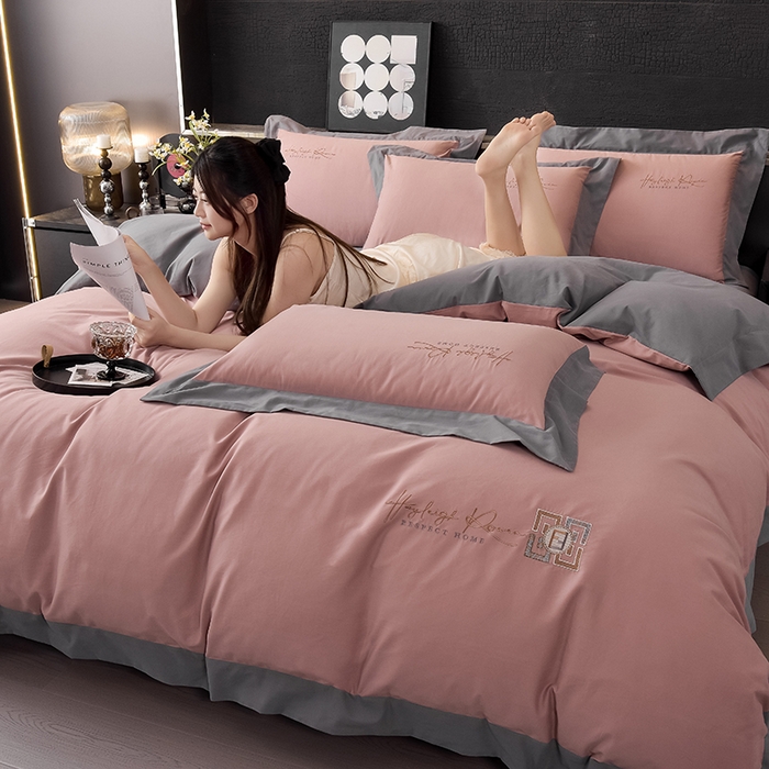 91家纺网 家纺一手货源 找家纺 瑞驰家纺 2024新款长绒棉磨毛四件套-斯特尔 斯特尔-玫瑰粉+深灰