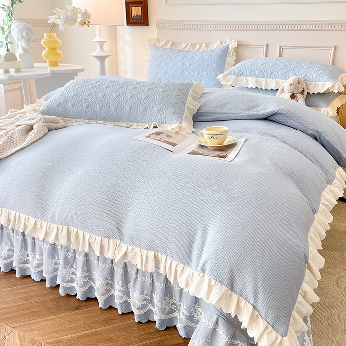 91家纺网 家纺一手货源 找家纺 绒世界 2024新款秋冬泡泡双层纱夹棉床盖四件套 天空蓝