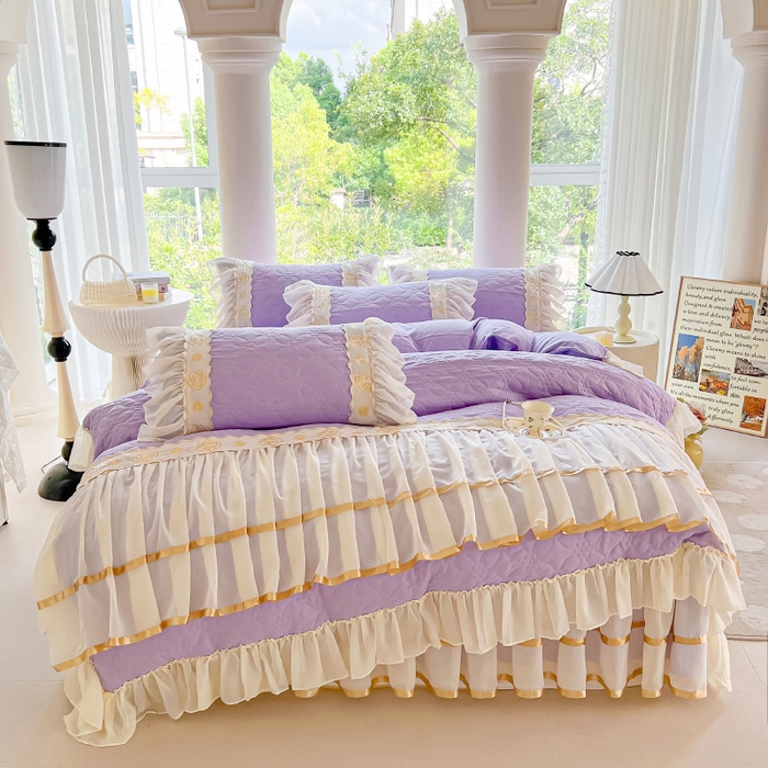 91家纺网 家纺一手货源 找家纺 罗艺轩 2024新款公主风水洗棉夹棉床裙款四件套-花蔓花蔓-茉莉紫