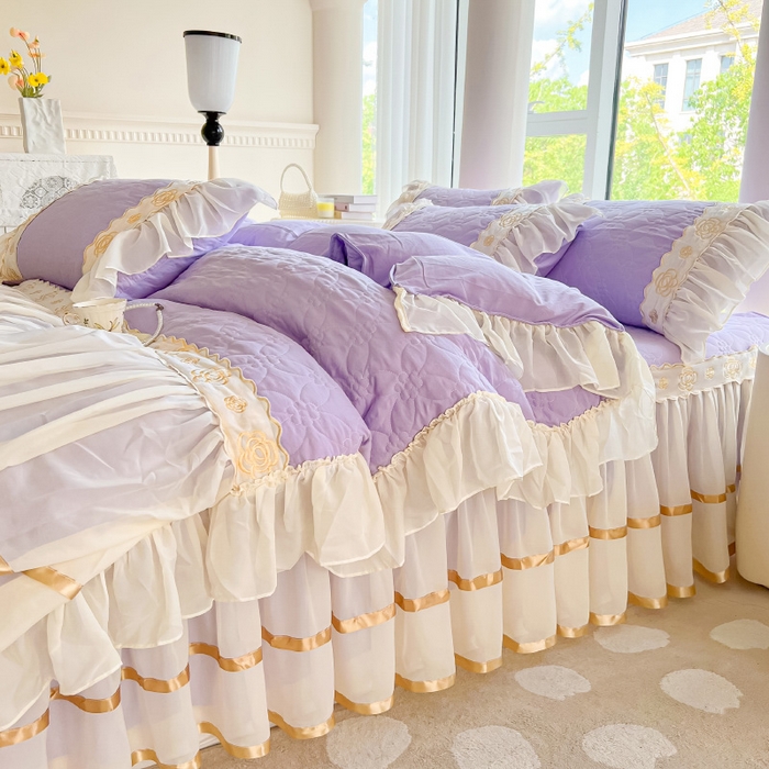 91家纺网 家纺一手货源 找家纺 罗艺轩 2024新款公主风水洗棉夹棉床裙款四件套-花蔓花蔓-茉莉紫