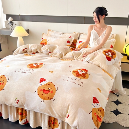 董韵家纺 2025新款高克重全消光牛奶绒法莱绒金貂绒印花单品被套床裙四件套（提供买家秀）甜甜圈