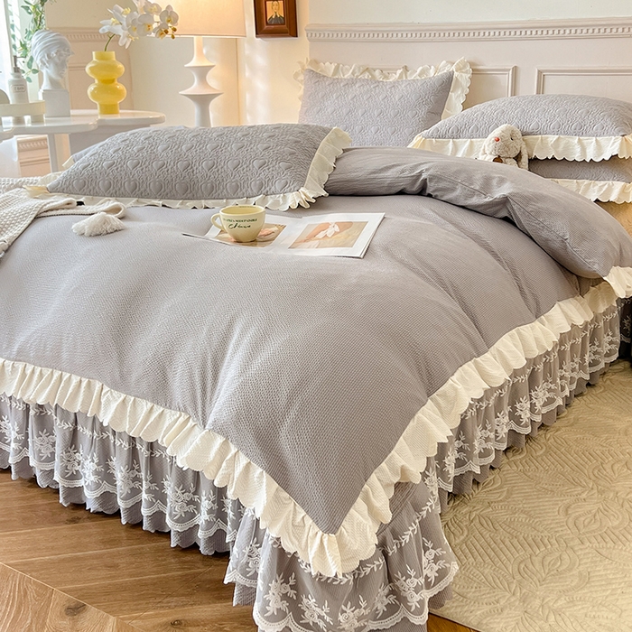 91家纺网 家纺一手货源 找家纺 绒世界 2024新款秋冬泡泡双层纱夹棉床盖四件套 摩登灰