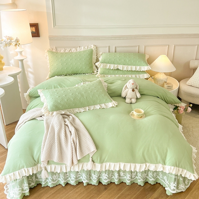 91家纺网 家纺一手货源 找家纺 绒世界 2024新款秋冬泡泡双层纱夹棉床盖四件套 清新绿