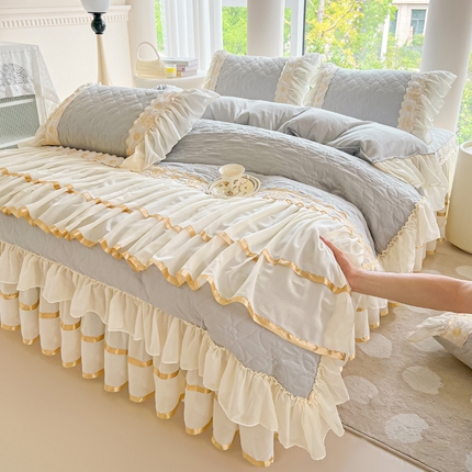 罗艺轩 2024新款公主风水洗棉夹棉床裙款四件套-花蔓花蔓-迷雾灰