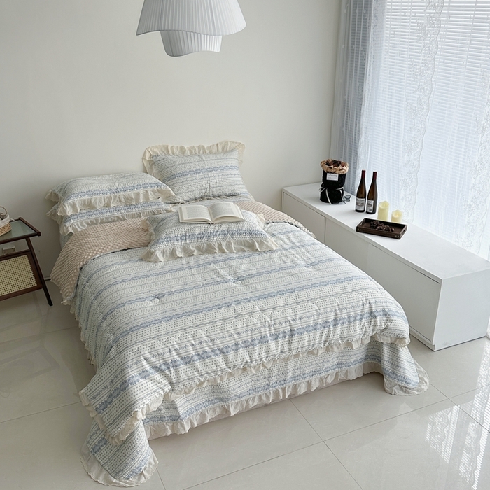 91家纺网 家纺一手货源 找家纺 佰织鑫家居 2024新款全棉法式床盖款四件套蓝颜