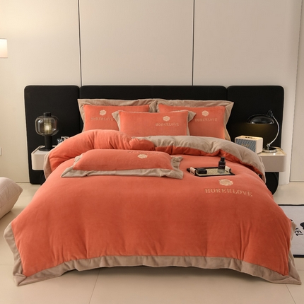 氧家 2024新款宽边撞色对角牛奶绒绣花四件套--花颜对角 花韵-橘色