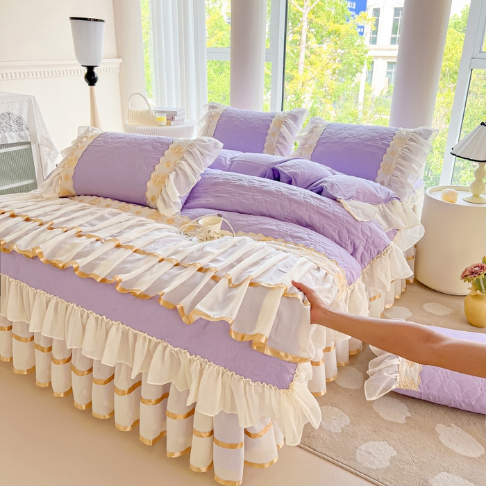 91家纺网 家纺一手货源 找家纺 罗艺轩 2024新款公主风水洗棉夹棉床裙款四件套-花蔓花蔓-茉莉紫