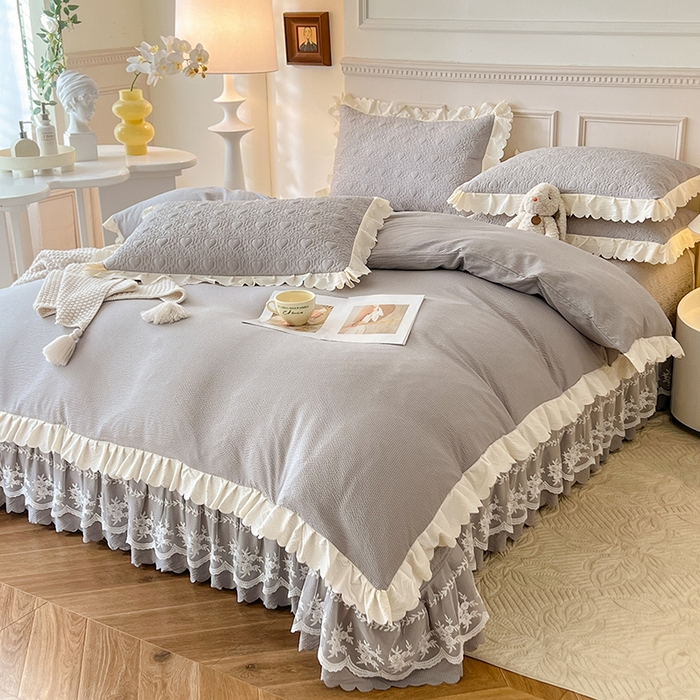 91家纺网 家纺一手货源 找家纺 绒世界 2024新款秋冬泡泡双层纱夹棉床盖四件套 摩登灰