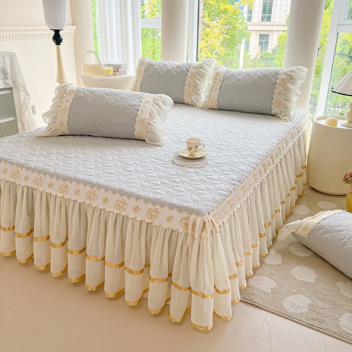 91家纺网 家纺一手货源 找家纺 罗艺轩 2024新款公主风水洗棉夹棉床裙-花蔓花蔓-迷雾灰