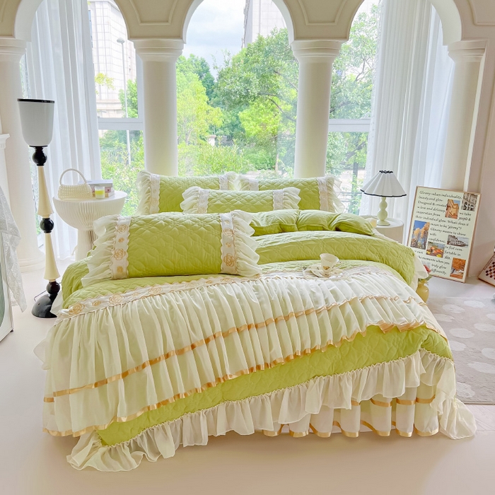 91家纺网 家纺一手货源 找家纺 罗艺轩 2024新款公主风水洗棉夹棉床裙款四件套-花蔓花蔓-元气绿