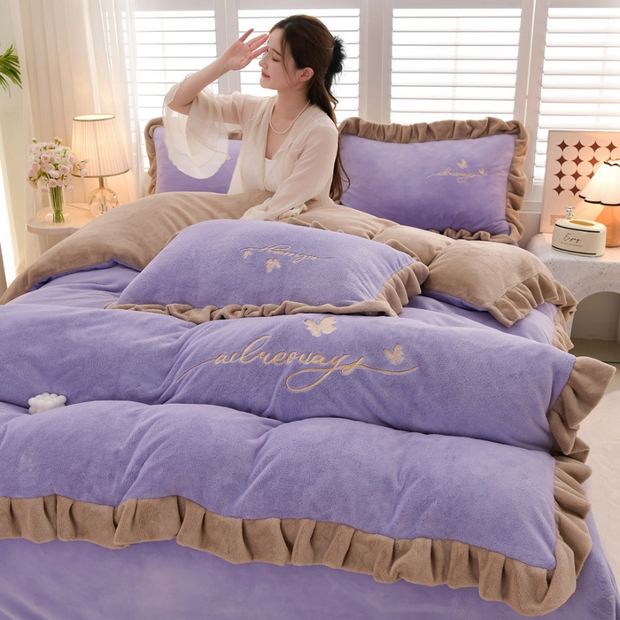 91家纺网 家纺一手货源 找家纺 氧家 2024新款韩版牛奶绒绣花四件套--蝶恋 羽蝶-熏韵紫