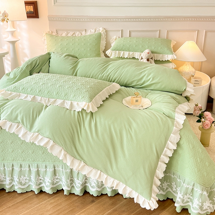 91家纺网 家纺一手货源 找家纺 绒世界 2024新款秋冬泡泡双层纱夹棉床盖四件套 清新绿