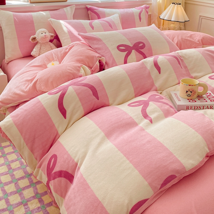 91家纺网 家纺一手货源 找家纺 斯卡诺2025新款直播轻奢爆款小清新牛奶宝宝绒四件套 蝴蝶结粉