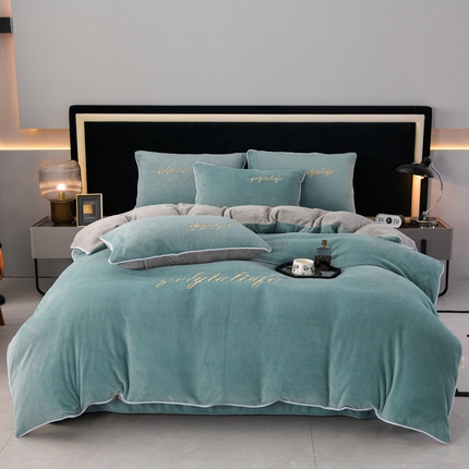 氧家 2024新款宽边撞色对角牛奶绒绣花四件套--典雅 典雅-桃绿