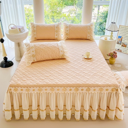 罗艺轩 2024新款公主风水洗棉夹棉床裙-花蔓花蔓-香槟