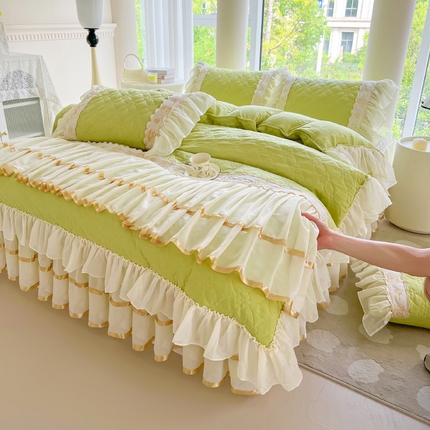 罗艺轩 2024新款公主风水洗棉夹棉床裙款四件套-花蔓花蔓-元气绿