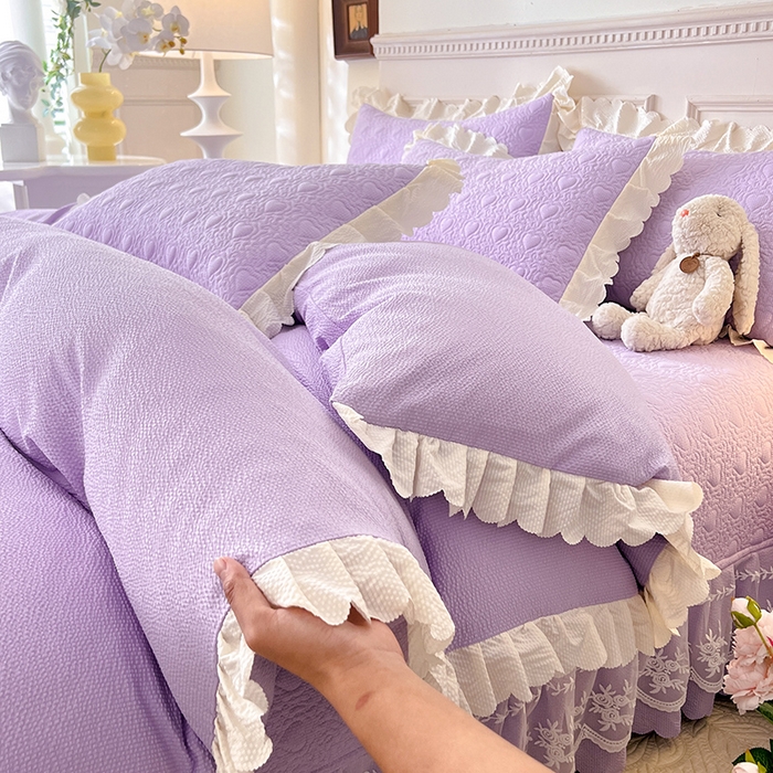 91家纺网 家纺一手货源 找家纺 绒世界 2024新款秋冬泡泡双层纱夹棉床盖四件套 丁香紫