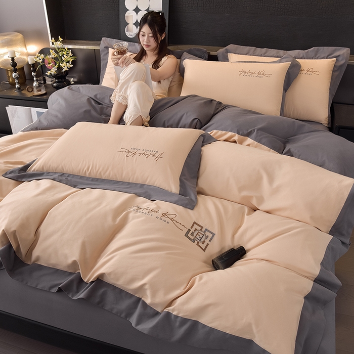 91家纺网 家纺一手货源 找家纺 瑞驰家纺 2024新款长绒棉磨毛四件套-斯特尔 斯特尔-浅香槟+深灰