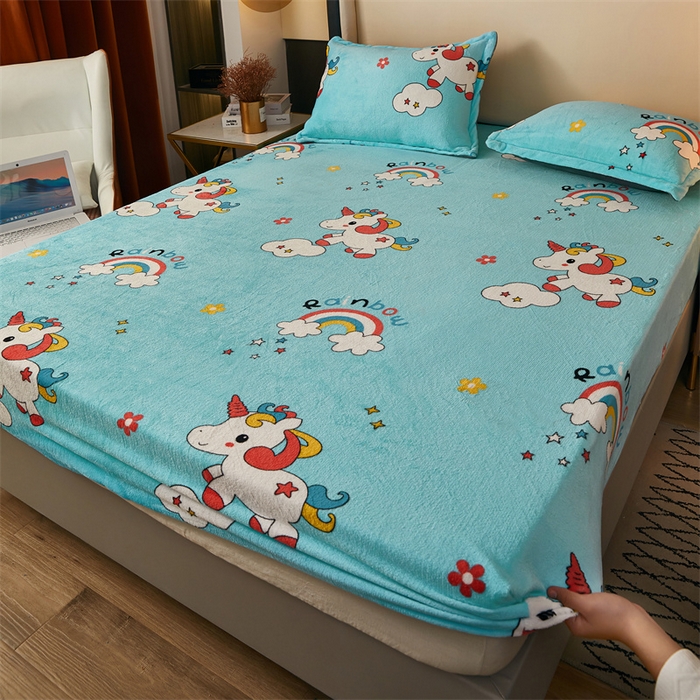 91家纺网 家纺一手货源 找家纺 梦舒羽 2025新款冬季牛奶绒加厚床笠法兰绒床罩套珊瑚绒床垫保护套全包床单彩虹马