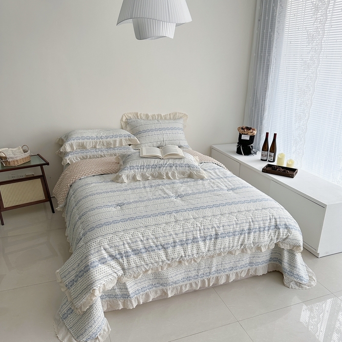 91家纺网 家纺一手货源 找家纺 佰织鑫家居 2024新款全棉法式床盖款四件套蓝颜