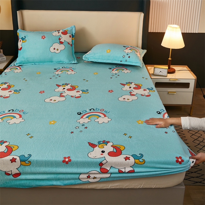 91家纺网 家纺一手货源 找家纺 梦舒羽 2025新款冬季牛奶绒加厚床笠法兰绒床罩套珊瑚绒床垫保护套全包床单彩虹马